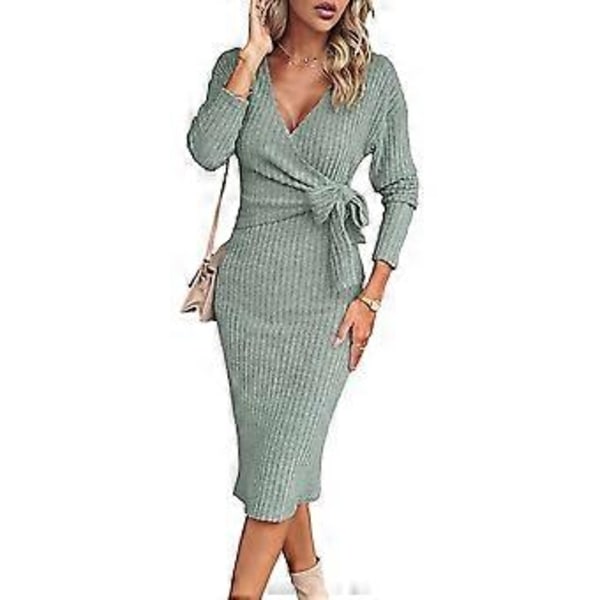 Dame Sexy Genser Kjole V-Hals Vertikal Stripe Ensfarget Strikket Knytekjole Midi Kjole