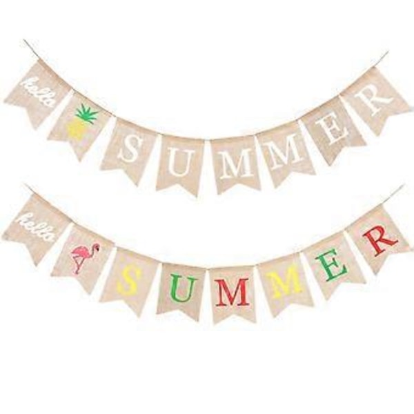 2 stk. Jute Banner Sommer/Hej Sommer Vimpel Svalehaleformet Trækflag Hængende Guirlande til Sommerfest Dekoration