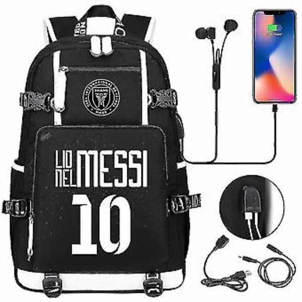 Fodbold Messi Rygsæk | Vandafvisende Rejsetaske | USB-Oplader Inkluderet | Sort Skoletaske | Stor Kapacitet Til Rejser Og Skole (10)