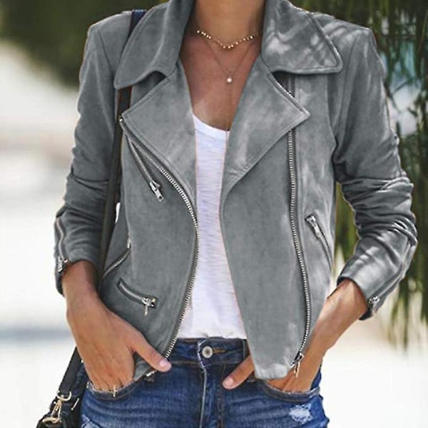 Ladies Full Zip Biker Coat Open Front Holiday Jacket Moto Outwear Gray M
