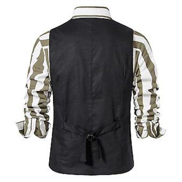 Retro Herrar Solid V-ringad Casual Enkelknäppt Kostymväst Business Formal Kontorsväst Med Fickor (L Svart)