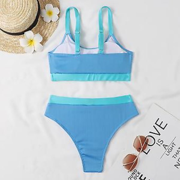 Damernas Baddräkt Sommar Färgblock Ribbad Bikini Vadderad Baddräkt Strandkläder Baddräkt (XL Sjöblå)
