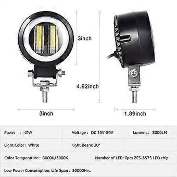 Par 3 Runde LED Tåkelys DRL Angel Eyes 6000K 80W 8000lm 10-80V DC Led Project Hvit SUV Motorsykler IP68 Vanntett Justerbare Monteringsbraketter 3