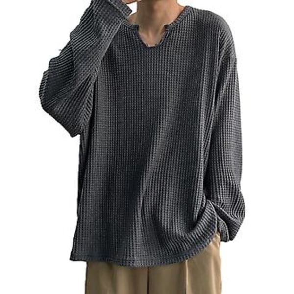 Mænd Forår Efterår O-Hals Langærmet Trøje Solid Farve Løstsiddende Waffle Struktur T-shirt Streetwear (2XL Grå)