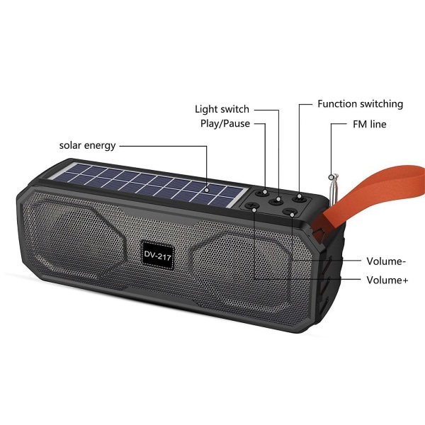 Solardriven Bluetooth-högtalare - Bärbar Bluetooth-högtalare för utomhusbruk med multifunktionell utomhusficklampa - Stereoljud med bas - Trådlös högtalare för hemmet Black