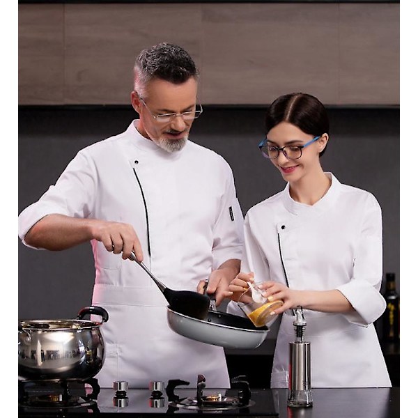 Unisex långärmad restaurang hotell kök kock arbetskläder uniform (L vit)