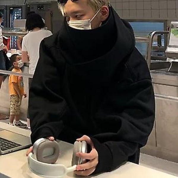 Huvtröja för män, enfärgad, med huva, långa ärmar, tjock, kallskyddande, turtleneck, hiphop, höst, dejting (3XL svart)