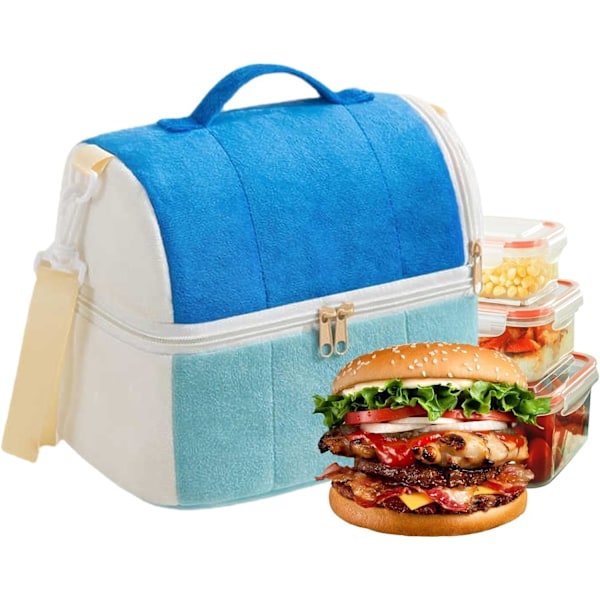 Double layer Plush Cartoon Lunch Bag, Extra Thick，blue