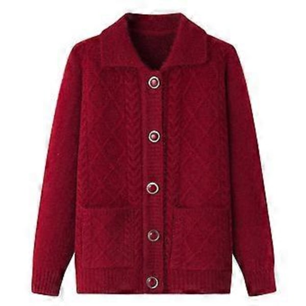 Tjock Krage Mamma Kläder Stickad Tröja Kofta Medelålders och Äldre Tröja Vårkläder (XL vinröd)