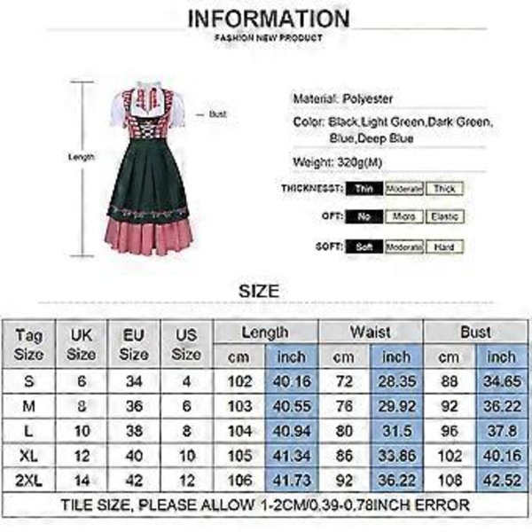 Oktoberfest Ölservitris Kostym för Kvinnor Bayersk Traditionell Dirndl Klänning 6 Färg(er Grön)