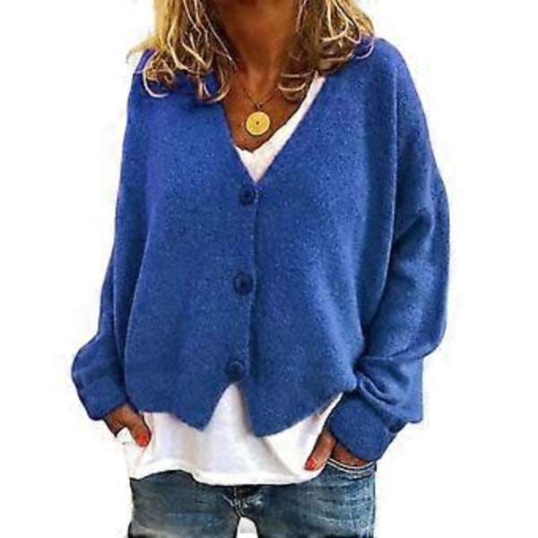 Dame Sweater Frakke V-Hals Langærmet Enkeltknappet Strik Sweater Ensfarvet Løs Pasform Sweater Cardigan (L blå)