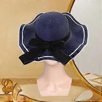 Dame Vævet Strandhat Mode Dame Solhat til Rejser Ferier Camping Fester (Navy Blå)