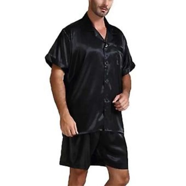 Mænds Silke Top Shorts Behagelig Natskjorte Sæt-r (3XL Sort)