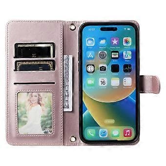 Läderfodral med Plånbok och Rombmönster för iPhone 14 Pro Max (Roséguld)