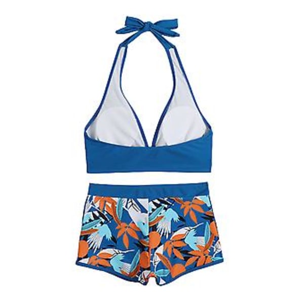 Kvinnors Padded Bikini Set med Lövtryck, Halterneck-BH, Slips-Topp, Hög Midja, Pojk-Shorts, Baddräkt, Sommarstrandkläder (XL Blå)