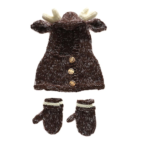 Newborn Hooded Tippet With Gloves Suit Knitted Deer Horn Baby Photography Set Coffee