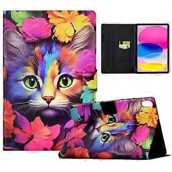 Fodral för iPad (2025) / 10.9 (2022) med kortfack, mönstertryckt stötsäkert läder surfplatta skydd (Rose Cat)