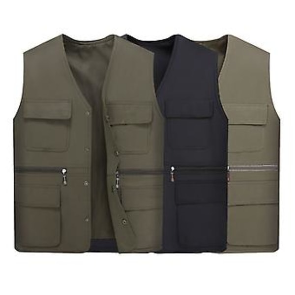Mænds Arbejdsvest Veste Flere Lommer Ensfarvet Løstsiddende Streetwear Efterår Vinter Plus Størrelse Overordnet Vest Jakke (4XL Sort)