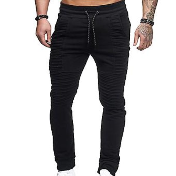 Fianao Sweatpants Andningsbara Hel Färg Snörning Elastisk Midja Utomhus Slanka Byxor för Gym (M Svart)