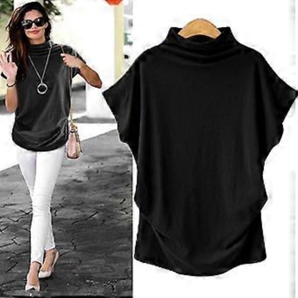 S-5XL Dame Rullekrave T-shirt Sommer Kortærmet Ensfarvet Casual Toppe (XXXXXL hvid)