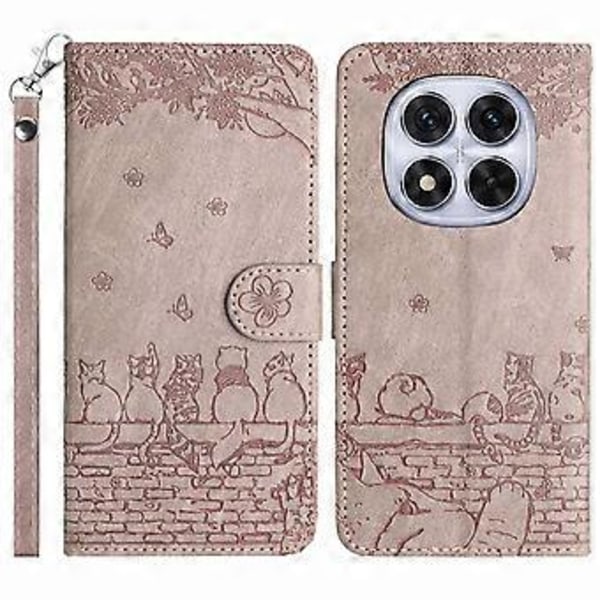 Xiaomi Redmi Note 14 Pro 5G -kotelo rannehihnalla, nahkainen puhelinkuori, seinäkissa-kuvio (tyyli D)