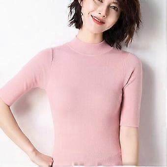 Cashmere Turtleneck Kort Ermet Strikket Pullover Tee Base T Ull Cashmere Genser for Kvinner (M rosa)
