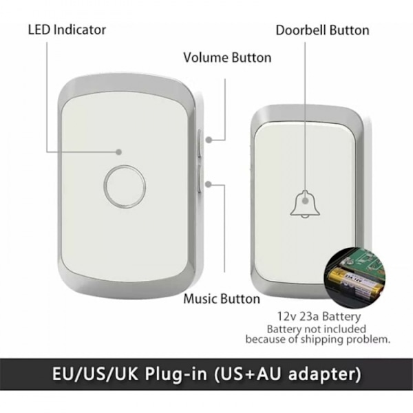 Vit trådlös dörrklocka, smart LED-dörrklocka för hemmet, 1 dörrklocka och