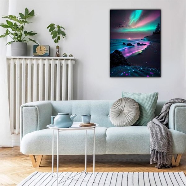 (12x16 tuumaa) Aurora Diamond Art Kit aikuisille - Beach 5D Diamond Painting Kits aikuisille, Landscape Gem Art Kits kotiin W