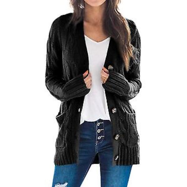 Kvinnors Långärmad Kabelstrickad Cardigan med Fickor, Casual Kavaj, Enfärgad (XL Svart)