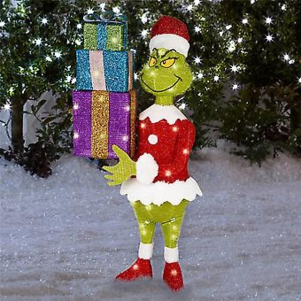 Julgransbelysning med Grinch-skylt, utomhusdekoration med stakar för trädgård, festliga juldekorationer (B)