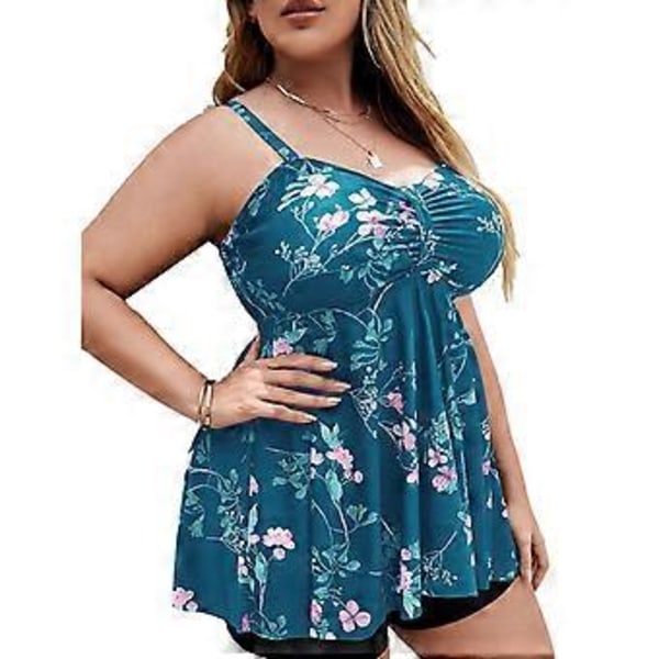 Dame Badetøj i Plus Størrelse med Blomsterprint, 2-delt Tankini Badetøj med Shorts til Svømning Strandfester (3XL Søblå Blomst)