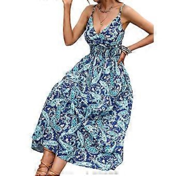 Kvindesommerkjole, Casual, Ærmeløs, Blomstermønstret, Løstsiddende, Split, Maxi, Flydende, Lang Strandkjole (XL Blå)