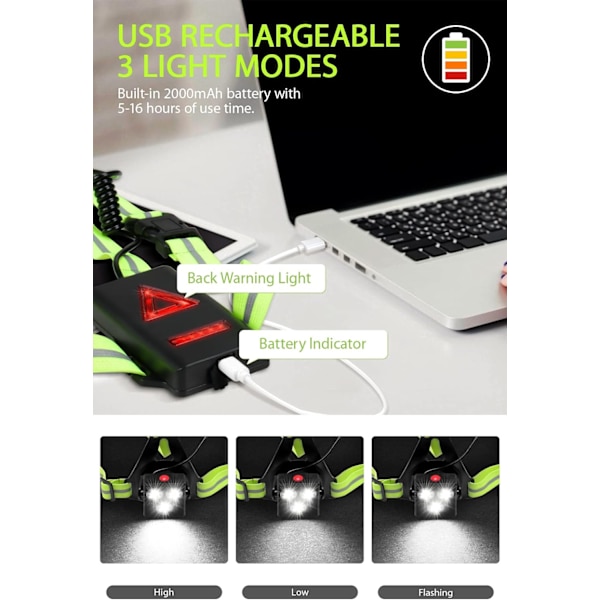 USB-oppladbar løpelys, løpelys, vanntett, for J