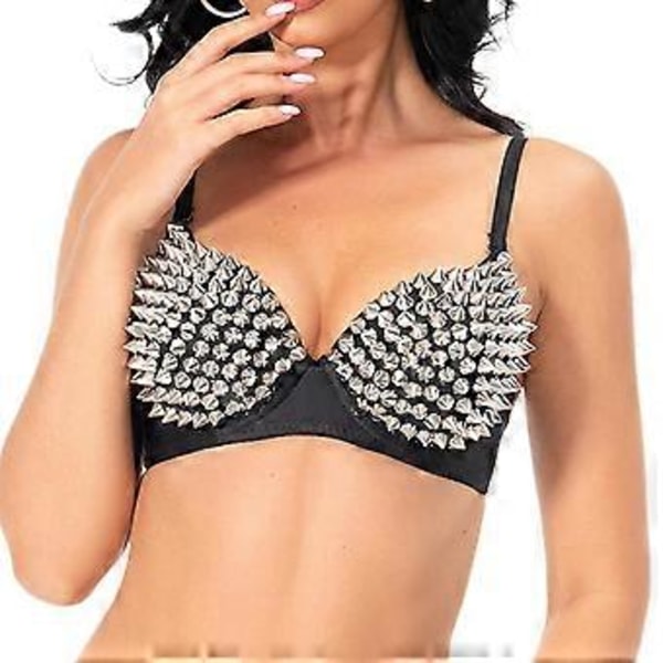 Nithäftad Korsett Handgjort Underkläder Lyx Push up BH för Klubbdamer Tjejer Show (XL svart silver)