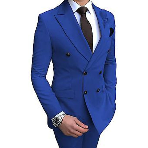 Herre Dobbeltbrystet Blazer Suit 2 Dele Slim Fit Bryllup Brudgom Tuxedos Peak Lapel Formelle Prom Suits (40 Royal Blå)