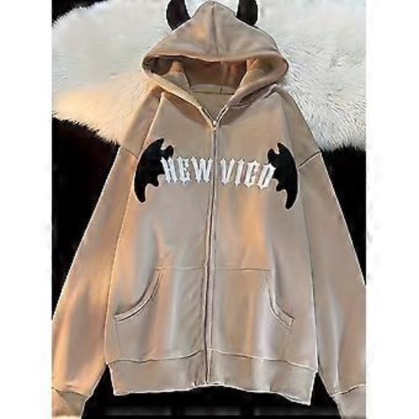 Retro sweatshirt dame cardigan lynlås jakke top bogstavsyning hætte dobbelte hjørner(M )