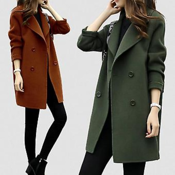 Dam vinter ull lång kappa casual solid slim jackor varm ytterkläder (S rödbrun)