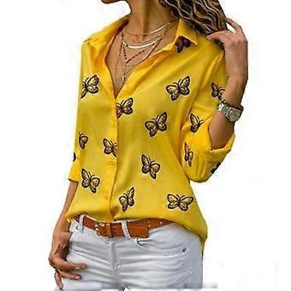 Dame Butterfly Print Skjorte Turn Down Krave Knap Chiffon Bluser Plus Size Langærmede Toppe (L rød)