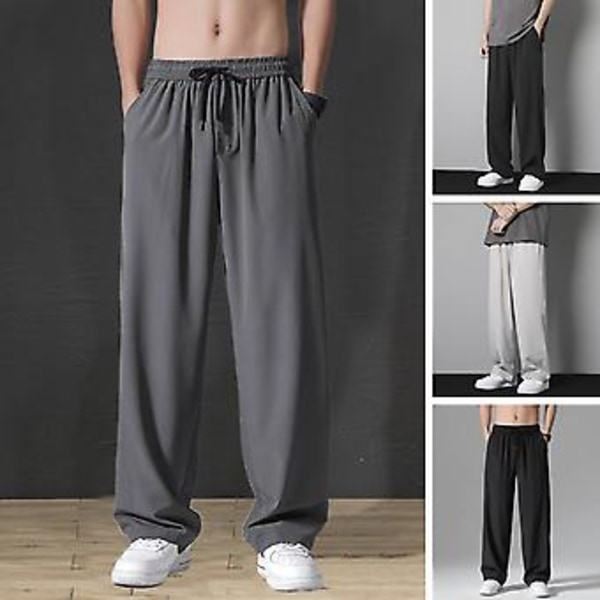 Bukser til mænd med elastisk snøreliv, lommer, draperet design, sommer, ensfarvet, lige, brede ben, tynde bukser (XL Sort)