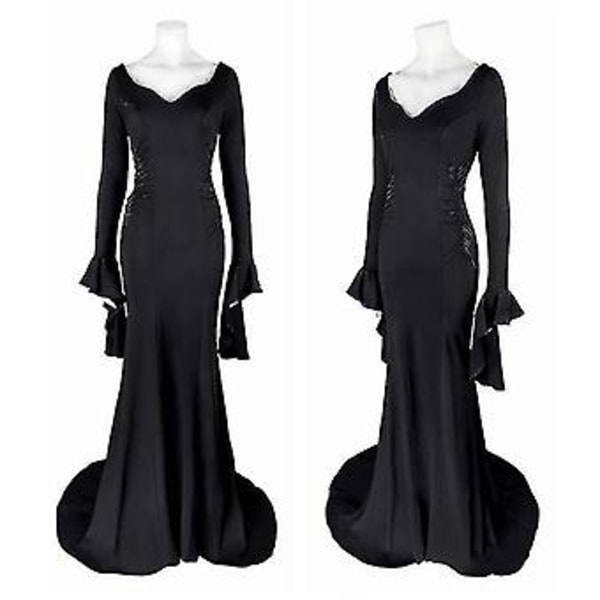 Onsdag Morticia Addams Cosplay Kostym Sexig Svart Klänning För Kvinnor Halloween Karneval Party Kostym Ty (XXL Med Peruk)