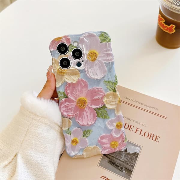 3D Oljemålning Blommig Mobilskal med Vågiga Kanter – Stöttåligt Blommig Skyddsfodral för iPhone 14 Pro Max