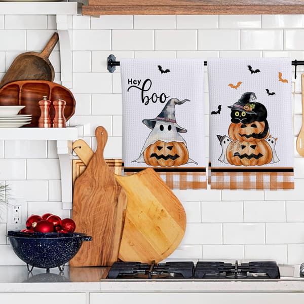 Halloween Spøgelse Græskar Køkkenhåndklæder, Festlige Trykte Vaffelviskestykker, Sæt med 2