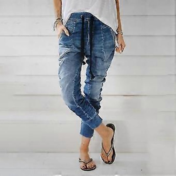 Naisten Muoti Housut Kiristysnyörilliset Farkut Taskuilla Rento Denim Harem Housut (3XL Vaaleansininen)