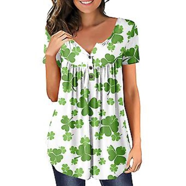 St. Patrick's Day Henley Shirt Women Short Sleeve Tunics Tee T-shirt Lucky Clover Printed Tops Loose Tee Blouse(2XL C)