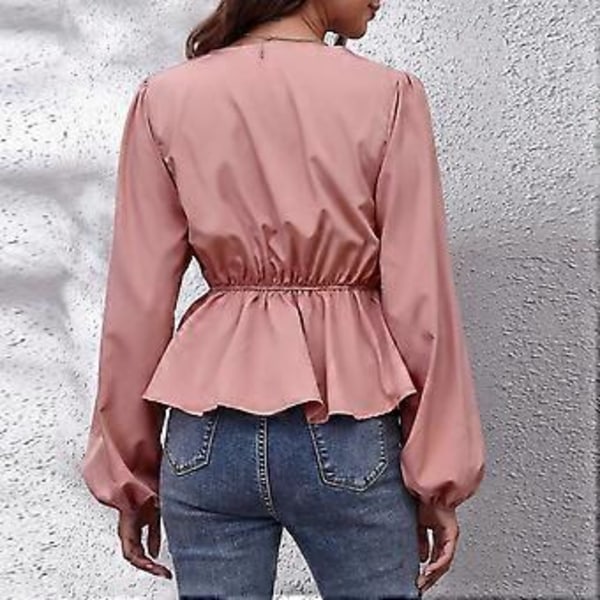 Blus V-ringning Puff Långärmad Midjesmickrande Enfärgad Trendig Topp för Kvinnor Rosa XL