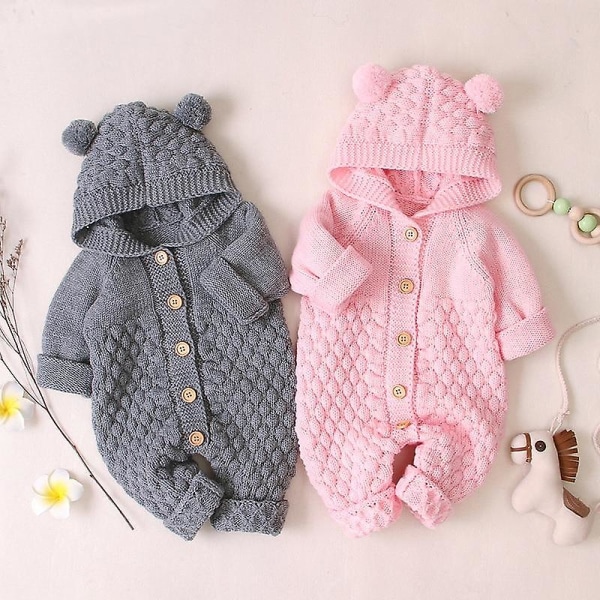 Romper Jumpsuit, Hooded Knit - Autumn Jacket For Baby Pink 18M