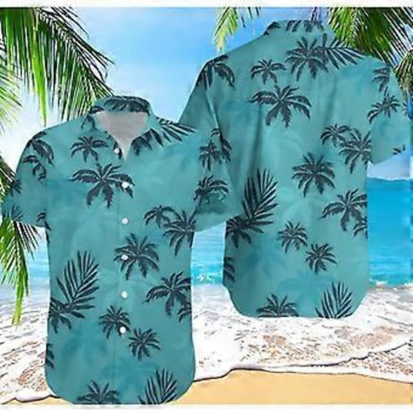 Miesten kesäinen puukuvioinen rantakukka-aiheinen vintage-tyylinen muotivaate Havaiji-tyylinen rento kauluspaita lyhythihaisella napituksella (S)