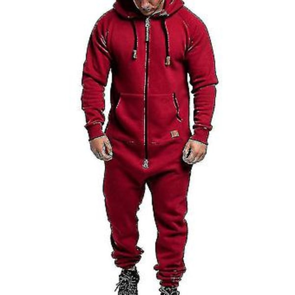 Ny 2023 Mænd Onesie All In One Hoodie Zip Jumpsuit Vinter Casual Hooded Romper Playsuit (2XL Vinrød)