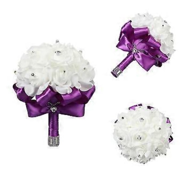 Kunstig Brudebuket, Rosebuket til Brud og Brudepiger med Krystaldiamant Bløde Bånd, Brudepiger Holder Blomster (lilla)