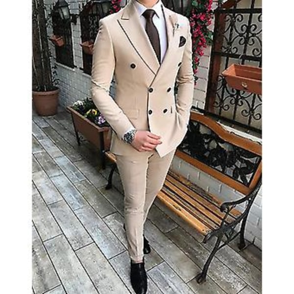 Herrar Dubbelknäppt Blazer Kostym 2 Delar Slim Fit Bröllop Brudgum Tuxedo Peak Lapel Formell Prom Kostymer (38 Khaki)